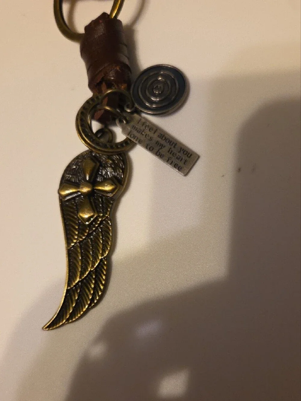 Bronze Angel Wing Charm Keychain - Brown Leather Accent